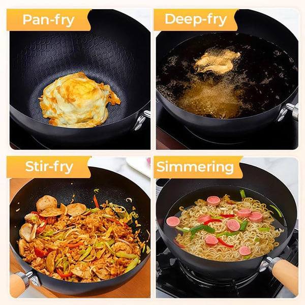 Japanese Iron Pot with Lid, Heavy Duty Uncoated Iron Wok, Deep Frying Pan for Stovetop Cooking, Traditional Iron Cookware for Stir Fry and Sauté (Hammer-Glass Cover, M-9.5 In)7