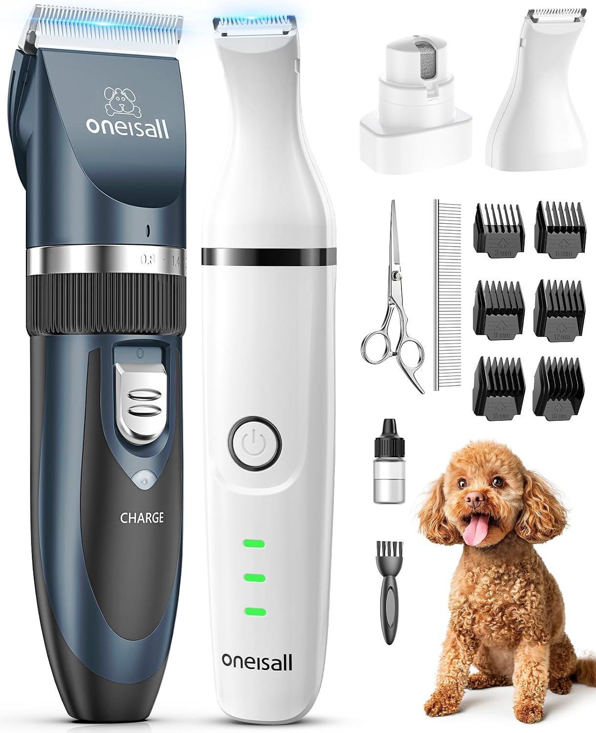 oneisall-dog-clippers-and-paw-trimmer-grooming-kit-low-noise-powerful-motor-3-in-1-dog-trimmers-nail-grinder-long-lasting-battery-cordless-for-small-medium-large-dogs