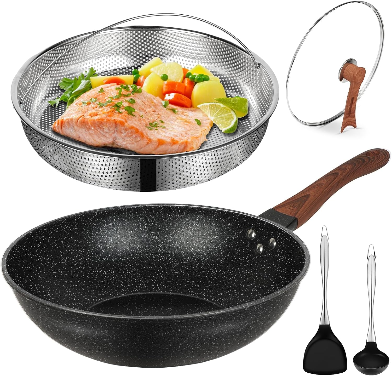 13-nonstick-wok-woks-stir-fry-pans-with-lid-and-steamer-basket