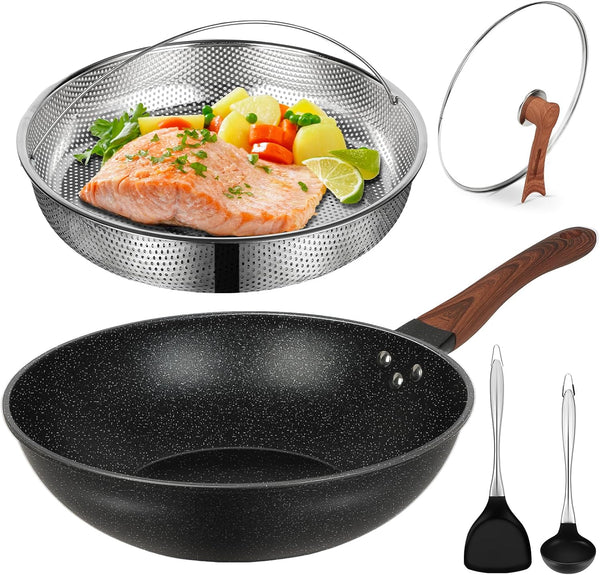 13'' Nonstick Wok, Woks & Stir-Fry Pans with Lid and Steamer Basket1