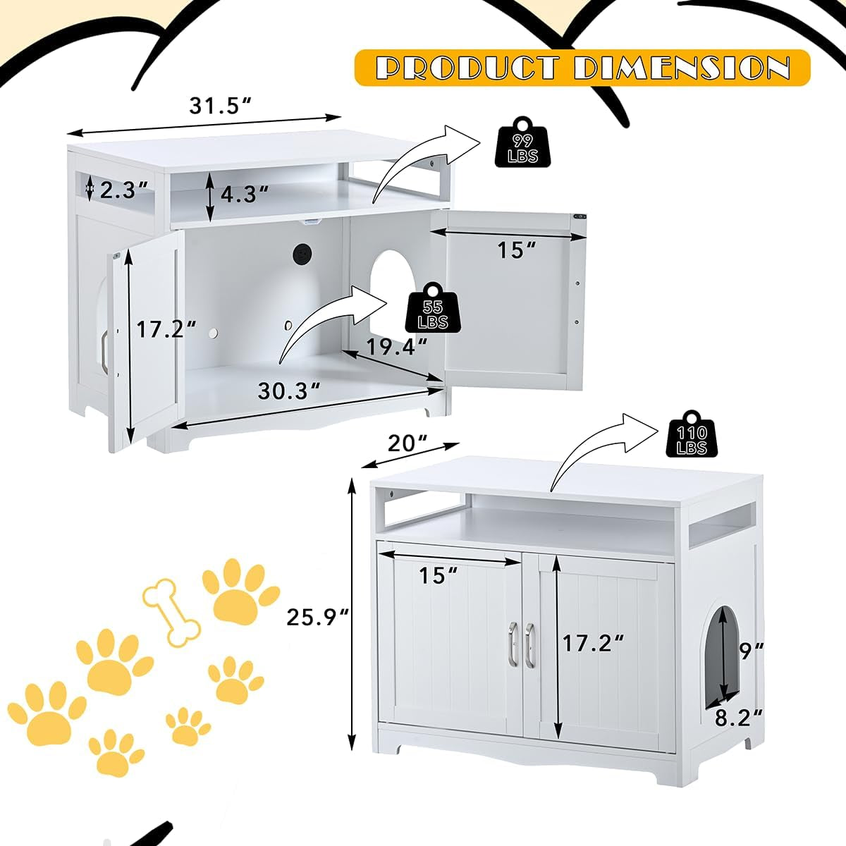 31-5-l-white-cat-litter-box-enclosure-with-hidden-plug-2-doors-indoor-large-cat-washroom-storage-bench-side-table