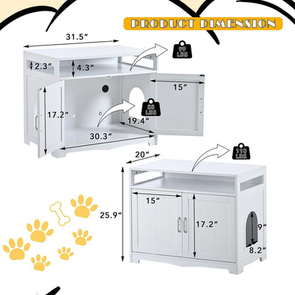 31.5" L White Cat Litter Box Enclosure with Hidden Plug & 2 Doors, Indoor Large Cat Washroom Storage Bench Side Table6