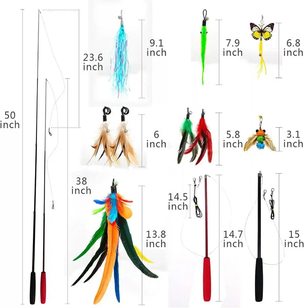 Miwoowim 2PCS Retractable Cat Teaser Wands & 9PCS Feather Refills Toy Set | Dual-Size Telescopic Rods (50" & 38"), Da Bird Feather Attachments with Bells Replacement,Interactive Fishing Pole Toys3