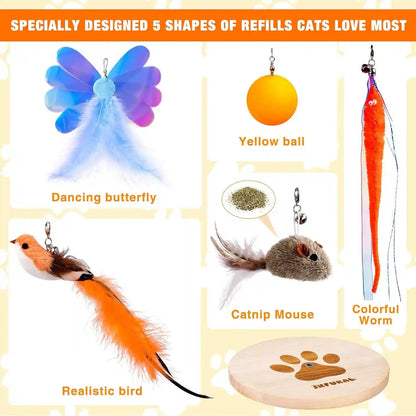 JXFUKAL Interactive Cat Toy, Automatic Cat Wand Toy with Stable Wooden Base, 2 PCS Detachable Cat Teaser, 5PCS Refills Replacement & Hanging Elastic String, Kitty Kitten Toys Feather Spring Bird Toy7