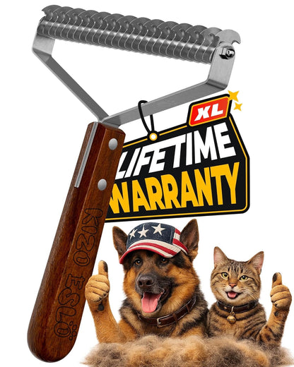 Extra Large 2-Sided Undercoat Rake for Dogs & Cats, Dog Brush for Shedding Remove Mats, Dematting Comb, Safe&Gentle Grooming Brush for German Shepherds Medium to Long-Haired Pets,Premium Wooden Handle1