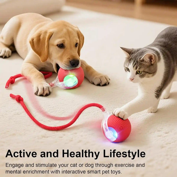 Smart Interactive Automatic Electric Rolling Moving Rechargeable Motion Activated Self Play Electronic Stimulation Chase Teaser Ball Toy with Rope for Indoor Bored Adult Cat and Dog, Red2