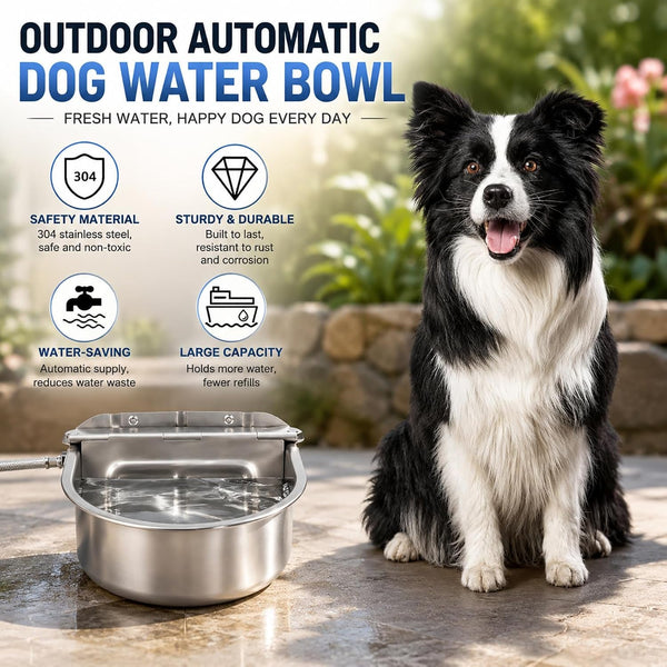 BWOGUE Automatic Water Dispenser for Dogs,1Gal Outdoor Automatic Water Bowl | Outdoor Dog Water Dispenser with Float Valve, Stainless Steel Bowl, 1/2 in & 3/4 in Faucet Fit, Wall/Ground Use,Dogs,Chickens2