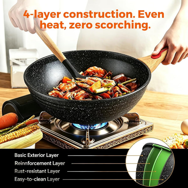 Nonstick Wok Aluminium Die-Casting Chinese Wok, Scratch Resistant with Lid and Spatula, Pfoa-Free, Dishwasher Safe & Induction Bottom,11.8 Inch,5Qt,Large Capacity4