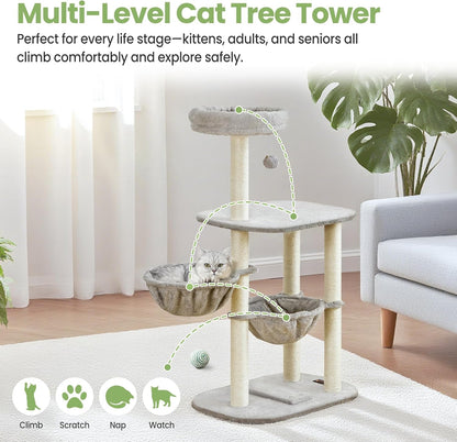 Small Cat Tree Tower with Lots of Scratching Posts - 42 Inch Medium Compact Cats Scratch House with Hammock Perch for Multi Level 2 Kitty - Indoor Corner Cat Bed Condo Climbing Gym Towers Furniture6