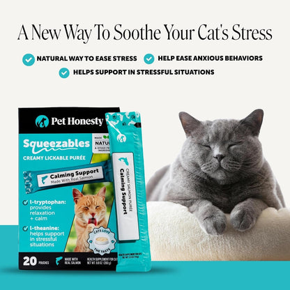 Pet Honesty Cat Lickable Treats with L-Theanine & Chamomile - Squeezable Puree Pouches for Cats - Behavior Support for Travel, Vet Visits, Grooming, & Separation (Salmon, 20 Ct)2