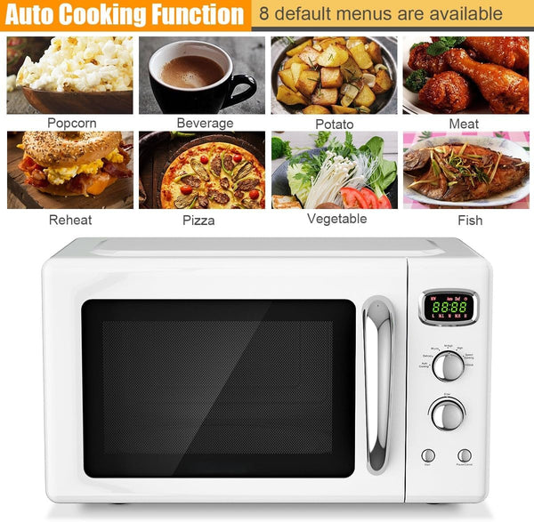Retro Countertop Microwave Oven,  Compact Microwave Oven 0.9 Cu.Ft. W/Child Lock, 5 Micro Power, Defrost & 8 Auto-Cooking, LED Display, Easy Clean Interior, White, 900 W6