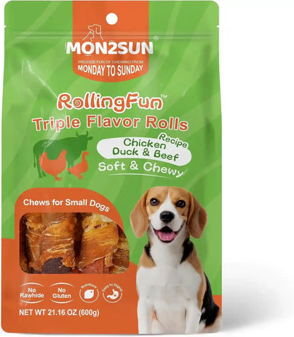 MON2SUN Dog Treats, 3 Inch Rawhide-Free Chicken, Duck & Beef Rolls,21.16 Oz | Easy-To-Digest Texture, Suitable for Small Dogs, Daily Reward Use, Made with Real Meat9