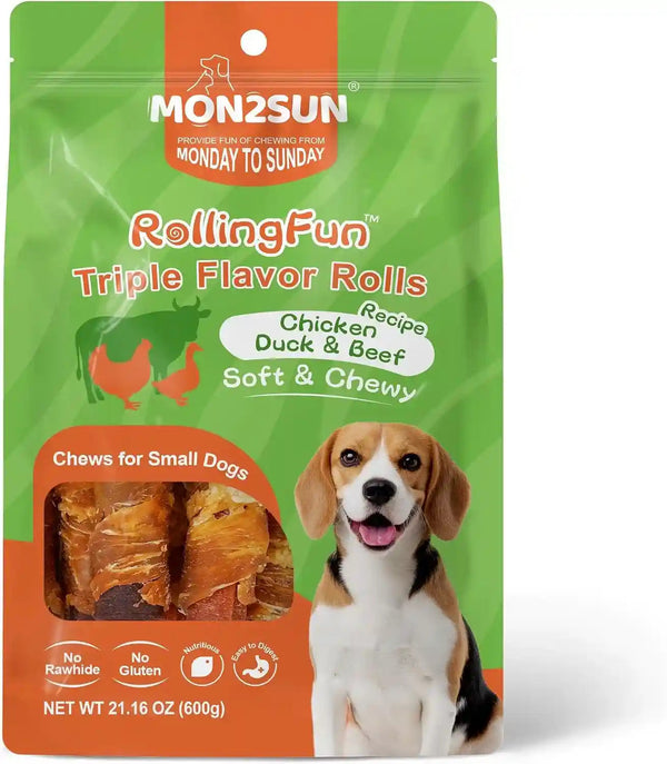 MON2SUN Dog Treats, 3 Inch Rawhide-Free Chicken, Duck & Beef Rolls,21.16 Oz | Easy-To-Digest Texture, Suitable for Small Dogs, Daily Reward Use, Made with Real Meat9