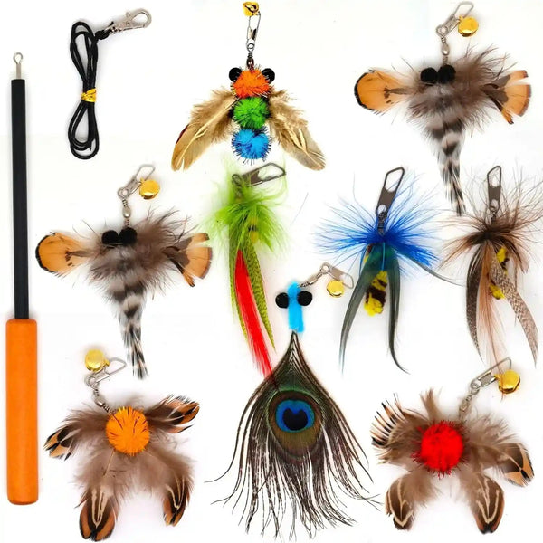 Miwoowim 2PCS Retractable Cat Teaser Wands & 9PCS Feather Refills Toy Set | Dual-Size Telescopic Rods (50" & 38"), Da Bird Feather Attachments with Bells Replacement,Interactive Fishing Pole Toys11