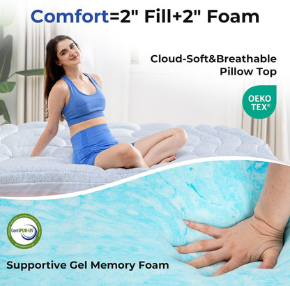 Dual Layer 4 Inch Cooling Twin XL Mattress Topper for College Dorm, 2" Thick Soft Quilted Ice Silk Pillow Top Cover plus 2" Gel Memory Foam Mattress Pad for Back Pain Relief4