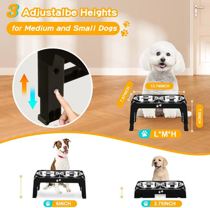COMESOON Elevated Dog Bowls for Small Medium Dogs, 3 Height Adjustable Raised Stand with 2 Thick 6" Stainless Steel Food Bowls, Non-Slip Feeder Adjusts to 2.75", 6", 7.5", Black2