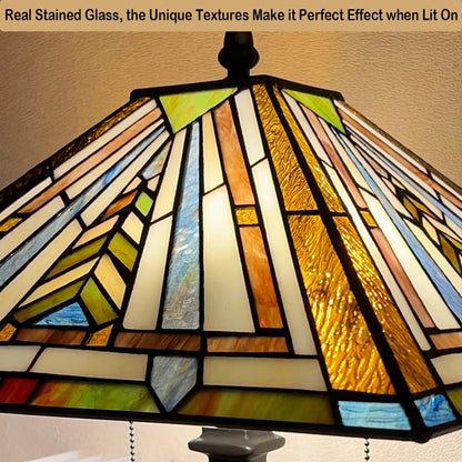 Tiffany Table Lamp 16" Wide Handmade Stained Glass Lamp Shade 2 Light Mission Style Vintage Table Lamp for Living Room Bedroom | Handcrafts Antique Nightstand Bedside Reading Lamp for Living Room Bedroom Office 2-Lights W16" X H23"7