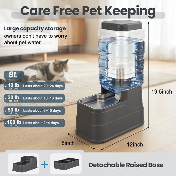 Automatic Dog Water Dispenser Gravity Stainless Steel Water Feeder Cat Waterer Feeder with Wide Mouth Bowl for Small Medium Dog Puppy Kitten (Filter &Ice Pack Included) 2.2Gallon Gray3