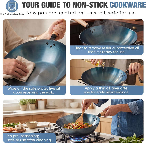 13.5 Inch Carbon Steel Wok Pan, Pre-Seasoned Flat Bottom No Chemical Coating Pow Wok, Compatible with Induction, Electric, Gas and Open Fire, Ideal for Home Cooking and Camping, Blue6