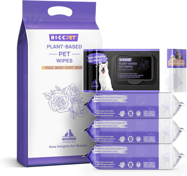 HICC PET Pet Cleaning Wipes for Dogs & Cats, Paws & Coat, 100 Count | Pearl-Textured, with Fermented Coconut Oil and Damask Rose, for Face and Rear-End Cleaning after Walks or between Baths10