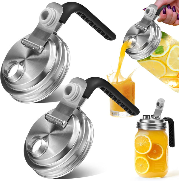 Mason Jar Pour Spout Lid Stainless Steel with Handle, Wide Mouth Pour Spout Flip Cap Lids for Mason Jars, Anticracking Leak Proof Seal Cover Airtight for Drinking Salad Dressing & Food Storing(2Pcs)1