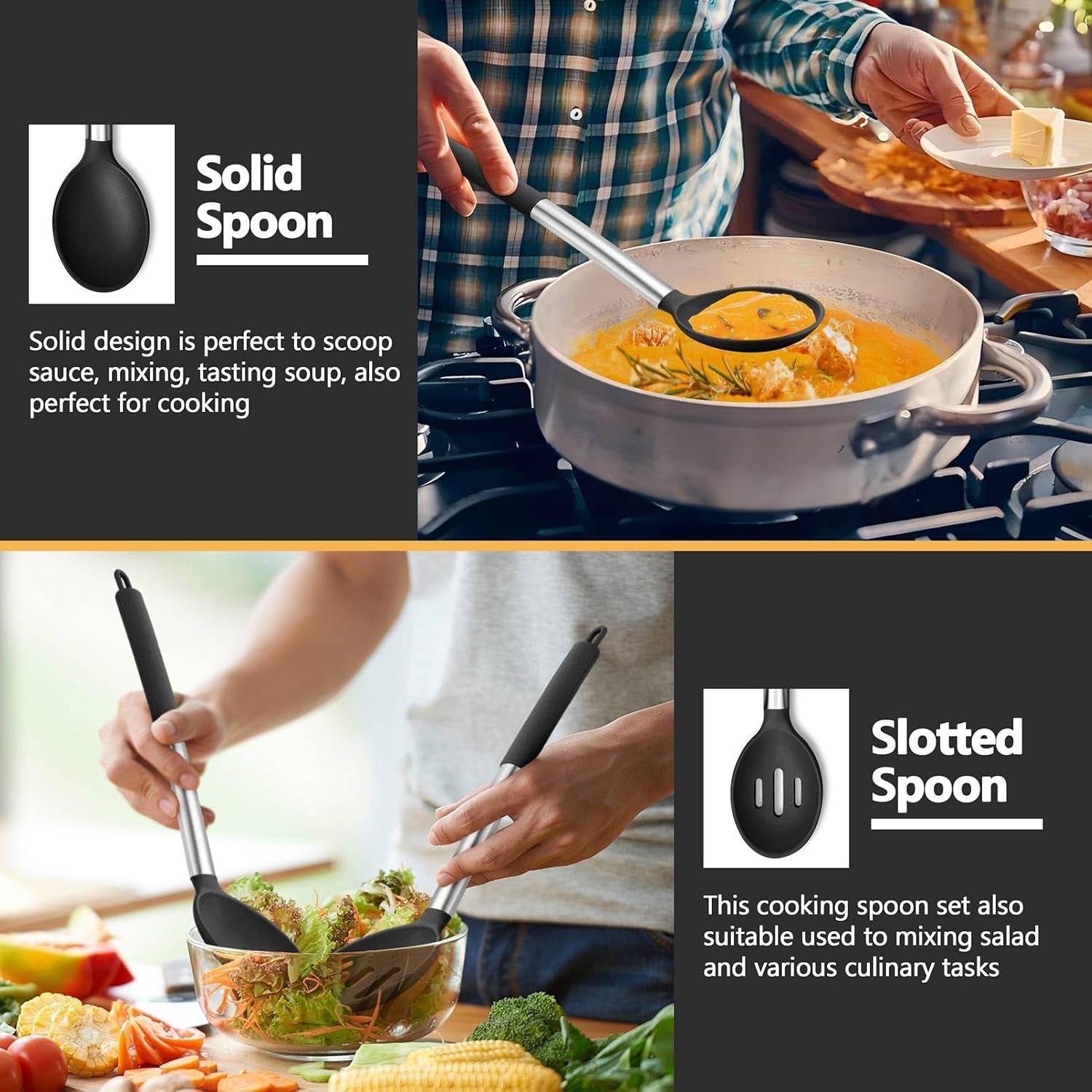 black-kitchen-cooking-utensil-set-of-4-slicone-head-steel-body-silicone-solid-spatulas-slotted-spoons-turners-for-non-stick-cookware-flipping-mixing-heat-proof
