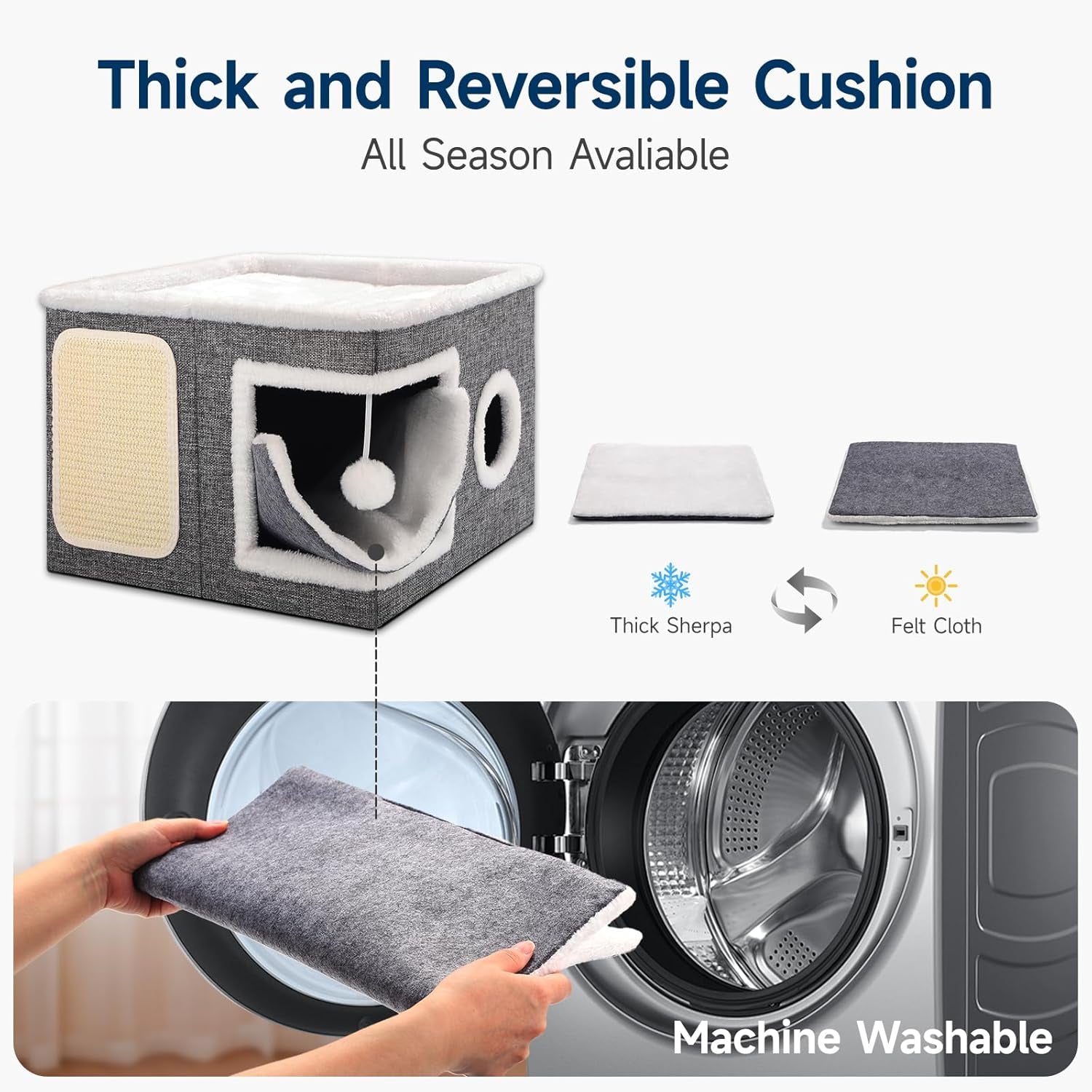 shikha-cat-house-bed-for-indoor-cats-with-fluffy-ball-and-scratch-pad-grey-foldable-large-cat-cave-hideaway-with-cozy-condo-hide-and-seek-window-holds-up-to-30lbs-all-season-reversible-cushion