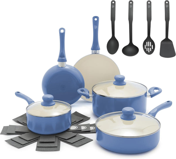 16Pc Ceramic Nonstick Pots & Pans Cookware Set, Slate Blue | Pfas-Free Nonstick Coating, Stockpot, Frying Pans, Saucepan, Sauté, Induction Ready, All Stovetop Compatible, Dishwasher Safe1