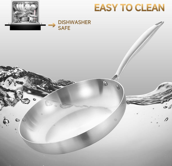 8'' Tri-Ply Stainless Steel Pan with Lid | Small Egg Omelet Pan | Riveted Handle | PFAS & PFOA Free| Frying Pan | Dishwasher Oven Safe | Induction Ready | Compatible with All Cooktops8