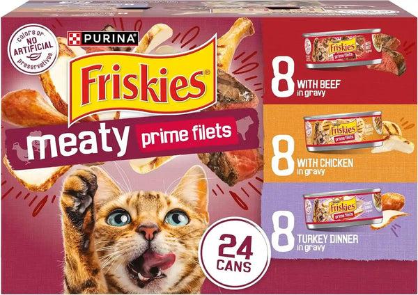 Purina Friskies Gravy Wet Cat Food Variety Pack, Prime Filets Meaty Favorites - (Pack of 24) 5.5 Oz. Cans1