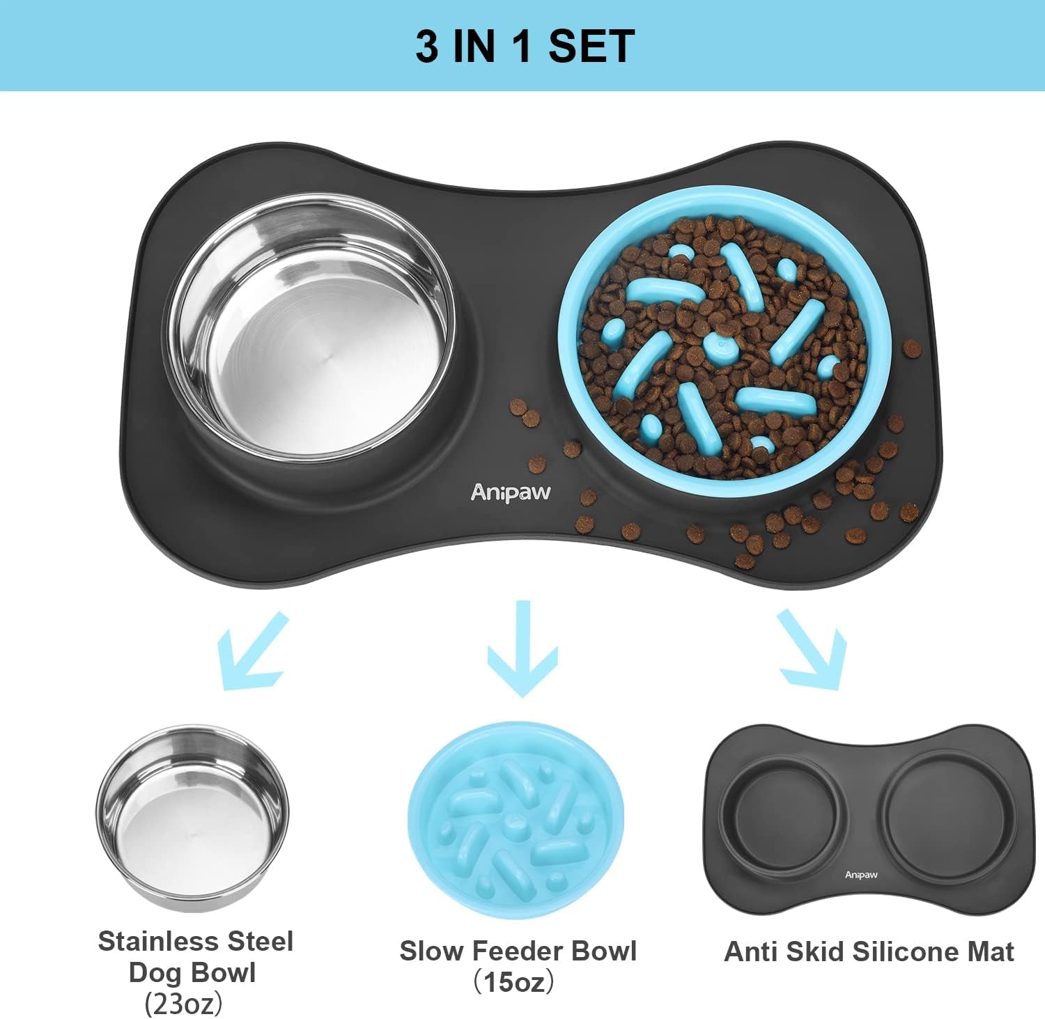 anipaw-slow-feeder-dog-bowls-3-in-1-stainless-steel-food-and-water-bowls-with-non-spill-and-skid-silicone-mat-to-slow-down-eating-for-large-medium-small-breed-size-dogs-and-cats-durable-non-spill-non-skid-with-silicone-mat-design-slow-down-eating-suitable-for-small-medium-large-dogs-and-cats
