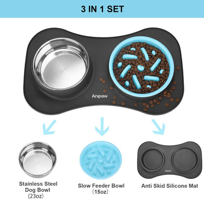 Anipaw Slow Feeder Dog Bowls 3 in 1 Stainless Steel Food and Water Bowls with Non-Spill and Skid Silicone Mat to Slow down Eating for Large Medium Small Breed Size Dogs and Cats | Durable, Non-Spill & Non-Skid with Silicone Mat Design, Slow down Eating, Suitable for Small Medium Large Dogs and Cats5