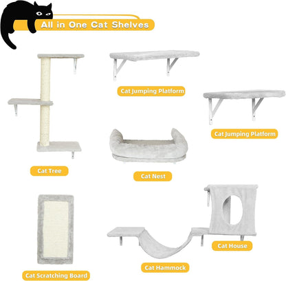 NUNU LAB Wall Mounted Cat Furniture Set - 6 Pcs Climber Set with House, Bridge, Steps, Scratcher Board - DIY Walls Playground, Indoor Cat Shelves - Gray4