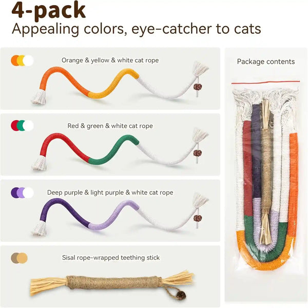 Interactive Cat Toys for Indoor Cats, 3 Chew Ropes 1 Silvervine Stick | with Gall Fruit, Refillable Catnip, Interactive Kitten Toys & Teething Toys, Safe Teeth Cleaning for All Breeds (19.5 Inches)6