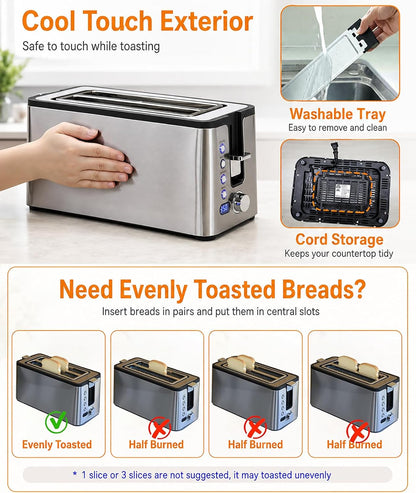 4 Slice Toaster, Long Slot Toaster with Countdown Timer, Bagel/Defrost/Reheat/Cancel Functions,Warming Rack, Removable Tray, 6 Browning Settings, Extra Wide Slots, Stainless Steel, 1300W5