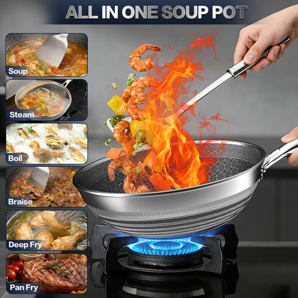 Woks & Stir-Fry Pans Nonstick - Hybrid 304 Stainless Steel Wok 10.8" Non Stick Wok Pan with Lid for Induction, Electric, Gas, All Stoves, PFOA Free Cookware, Dishwasher and Oven Safe5