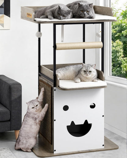 Modern Wood Cat Tree Tower for Indoor Large Adult Cats with Big Perch Bed | 33.8In Tall Wooden Cat Trees with Platform, Cat Scratching Pads, Washable Cushions, Cat Furniture for Window, Rustic Brown11