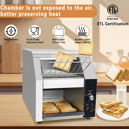 Hakka Commercial Conveyor Toaster, 450 Slices/Hour Heavy Duty Conveyor Toaster Stainless Steel Toaster Oven Electric Restaurant Toaster with 3" Opening for Toast Bun Bagel Bread-120V,1800W3