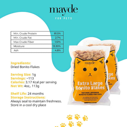 Mayde Bonito Flakes for Cats & Dogs - 100% Natural High-Protein Fish Treats for Cats & Dogs - Extra Large Dried Bonito Flakes - 4 Oz Bag6