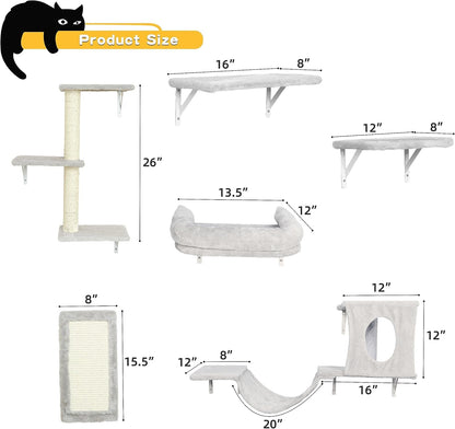 NUNU LAB Wall Mounted Cat Furniture Set - 6 Pcs Climber Set with House, Bridge, Steps, Scratcher Board - DIY Walls Playground, Indoor Cat Shelves - Gray5