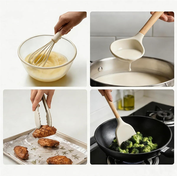 Silicone Cooking Utensil Set,12 PCS Cooking Kitchen Utensils Set, Nonstick Kitchen Utensils 446°F Heat-Resistant Cookware Kitchen Tools of Spoon,Brush,Whisk,Spatula,Turner Tongs (Khaki)7