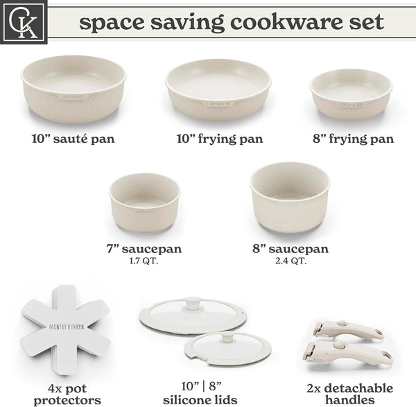 Cookware Set with Removable Handle, Oven & RV Safe Pots and Pans Set, Cream, Original3