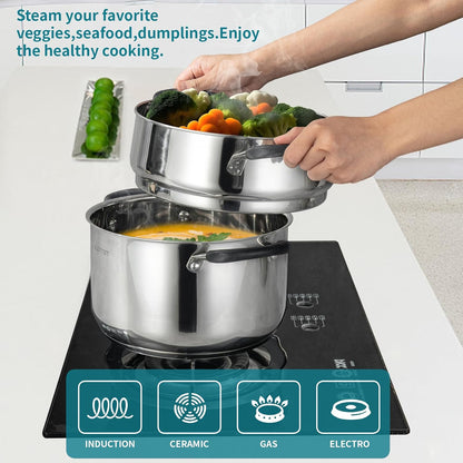 6 Quart Stainless Steel Stock Pot with Steamer,6 Qt Multipurpose Stockpot with Stay-Cool Silicone Handle and Glass Lid,Soup Pot for Cooking4