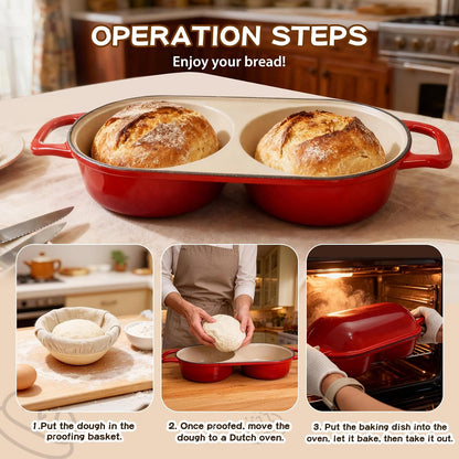 Mini Double Dutch Oven for Sourdough Bread Baking – Enameled Cast Iron Bread Pan with Lid, 500°F Oven Safe Non-Stick, Dual round Loaf Space (6Inch Diameter), Bake Two Different Loaves at Once, Includes 2×5" Banneton Proofing Baskets (Red)6