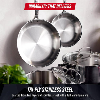 Pro Steel 10 Piece Tri-Ply Stainless Steel Cookware Set | Multi Clad Pots & Pans, Induction & All Stovetop Suitable, Mirror Polished Finish, Dishwasher Safe, Oven Safe to 850F, Silver3