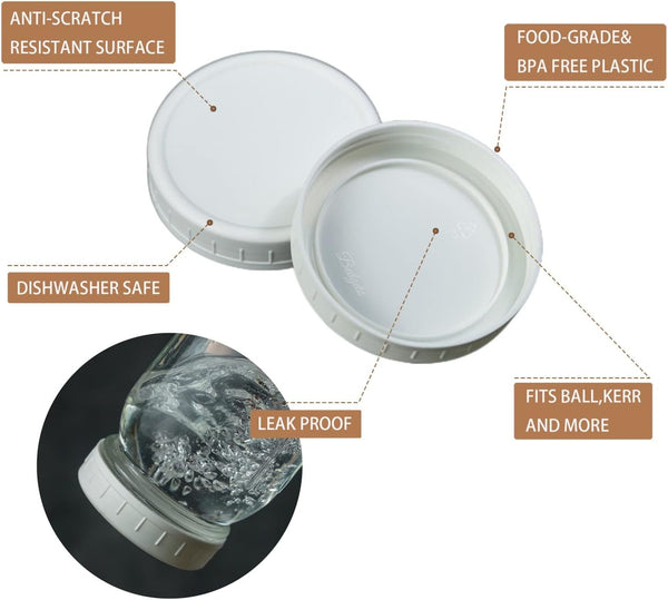 18 Pack White Plastic Mason Jar Lids with Silicone Rings, 9 Wide Mouth & 9 Regular Mouth Jar Lids for Ball & Kerr and More, 86Mm &70Mm Plastic Mason Jar Lids2
