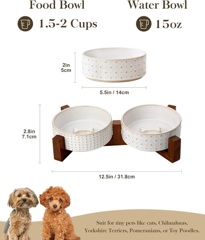 MALACASA Dog Bowl Set, Ceramic Bowls with Walnut Wood Stand, 1.5 Cups | Rhombic and Polka Dot Design, Non-Slip Base, for Cats and Dogs, about 26% Heavier than Similar Ceramic Bowls2