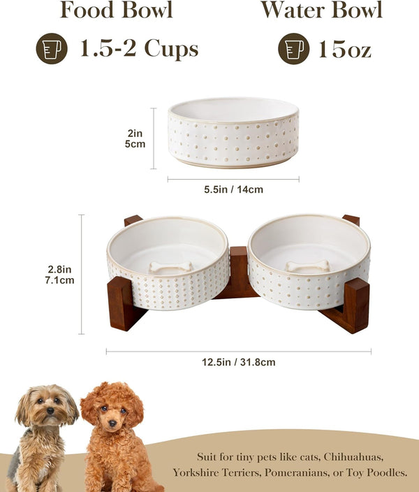 MALACASA Dog Bowl Set, Ceramic Bowls with Walnut Wood Stand, 1.5 Cups | Rhombic and Polka Dot Design, Non-Slip Base, for Cats and Dogs, about 26% Heavier than Similar Ceramic Bowls2