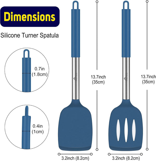 Silicone Spatula Set of 2 Heat-Resistant 600°F & Bpa-Free Kitchen Saptulaturner with Stainless Steel Handles, Slotted & Solid Spatulas for Nonstick Cookware, 13.7 Inch, Classic Blue2