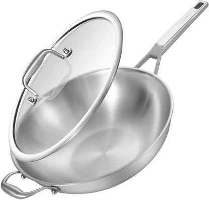 13 Inch Stainless Steel Wok with Lid, Detachable Handle | Uncoated Tri-Ply Stainless Steel Stir Fry Pan, Everyday Cooking Wok for Induction, Flat Bottom, Dishwasher & Oven Safe1